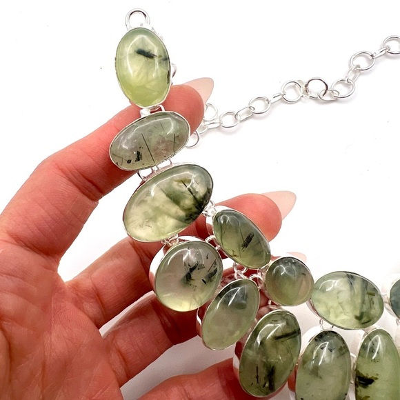 925 Massive Moss Prehnite Goddess Bib Collar Necklace Pendant - Picture 6 of 11